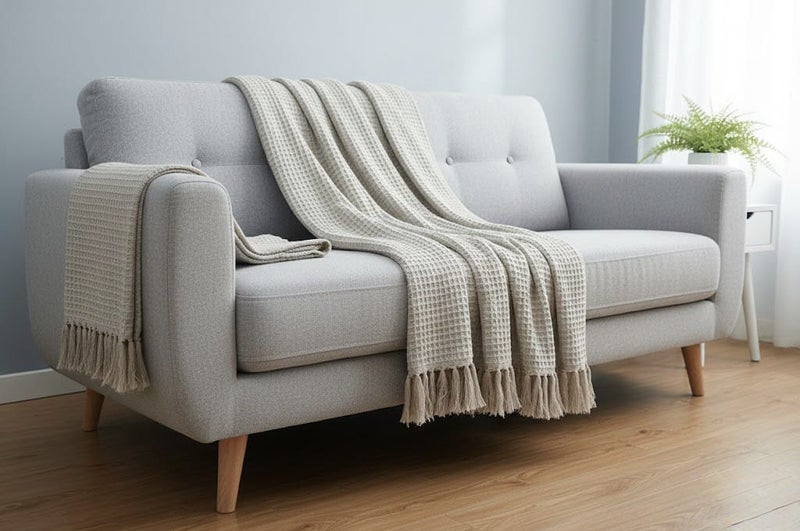 Ambrosia 130 x 160 cm Premium Cotton Honeycomb Throw Blanket in Natural White color, 400GSM Waffle Weave Fringed Sofa Bed Cover and Boho Decorative Mat - Image 5